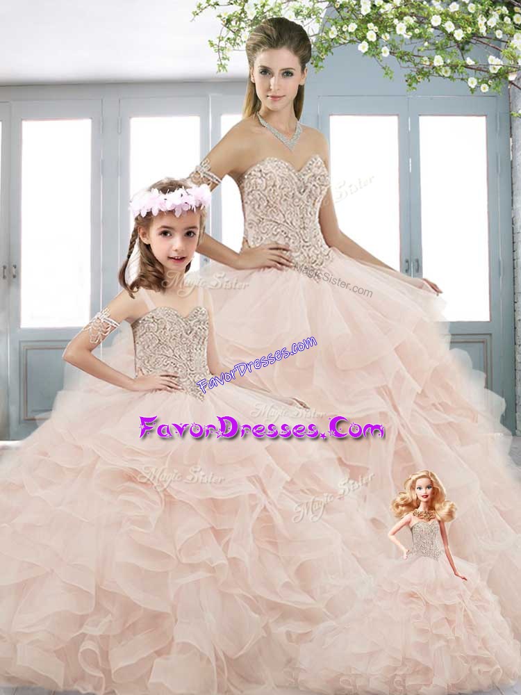  Baby Pink Ball Gowns Beading and Ruffles Sweet 16 Dress Lace Up Organza Sleeveless