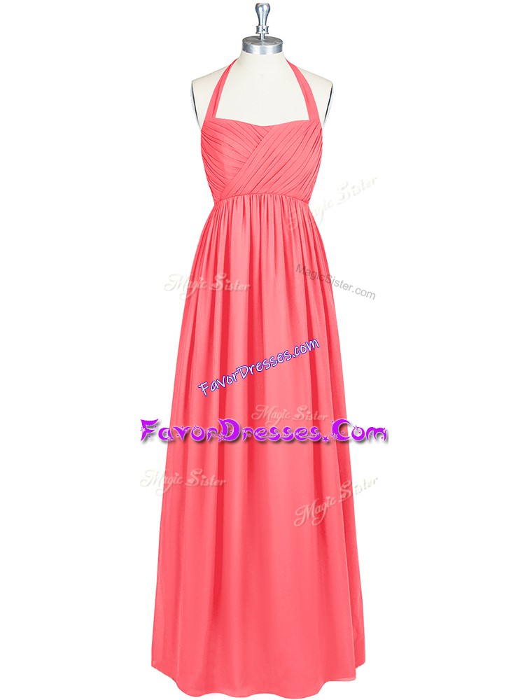  Sleeveless Floor Length Ruching Zipper Dress for Prom with Watermelon Red