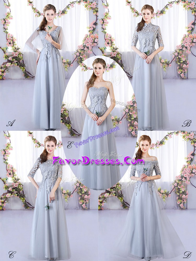 Luxurious Tulle V-neck Sleeveless Lace Up Appliques Bridesmaid Gown in Grey