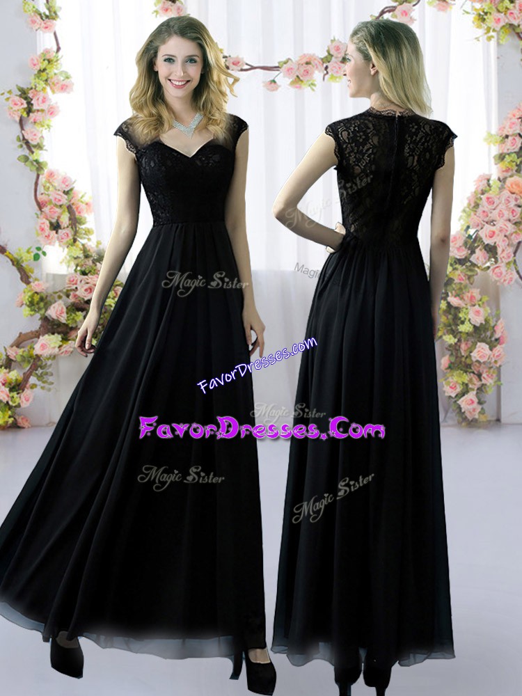 Luxurious Black Empire Lace Bridesmaid Gown Zipper Chiffon Cap Sleeves Floor Length