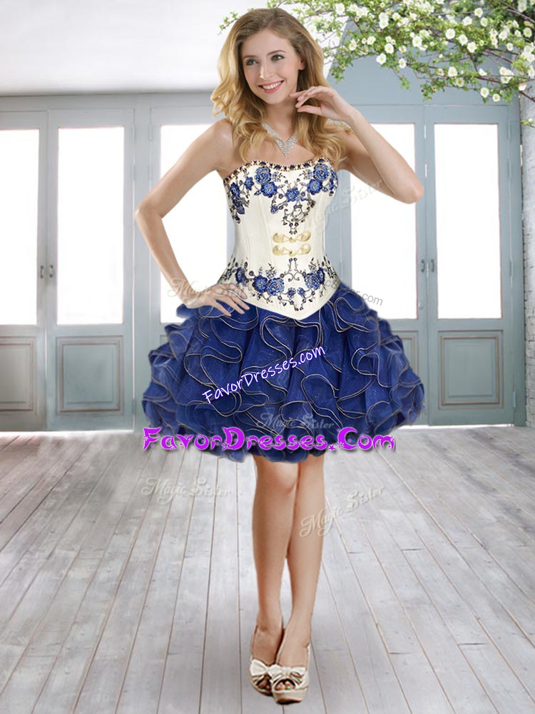  Beading and Embroidery and Ruffles Evening Dress Royal Blue Lace Up Sleeveless Mini Length