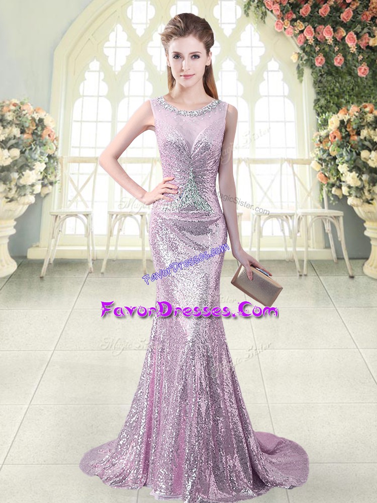 Nice Lilac Sequined Zipper Scoop Sleeveless Prom Dress Brush Train Beading and Sequins