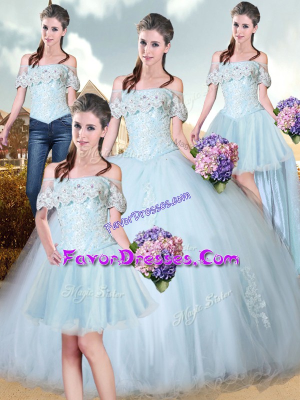Excellent Light Blue Ball Gowns Tulle Off The Shoulder Sleeveless Beading and Lace and Appliques Floor Length Lace Up Quinceanera Gowns