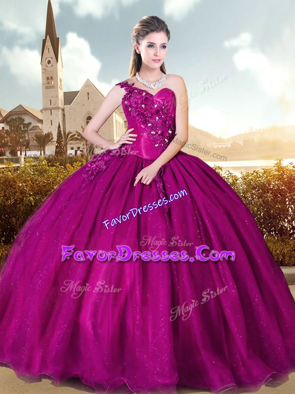 Elegant Fuchsia Ball Gowns Beading and Appliques Sweet 16 Dress Lace Up Sleeveless Floor Length