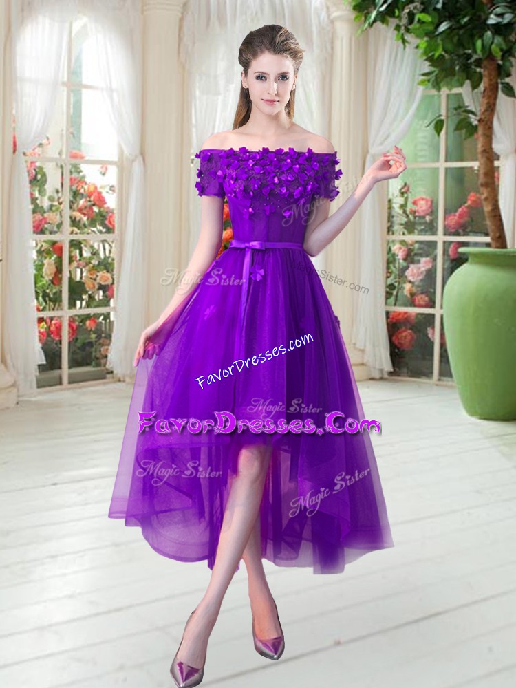 Fantastic Tulle Off The Shoulder Short Sleeves Lace Up Appliques Prom Dress in Purple