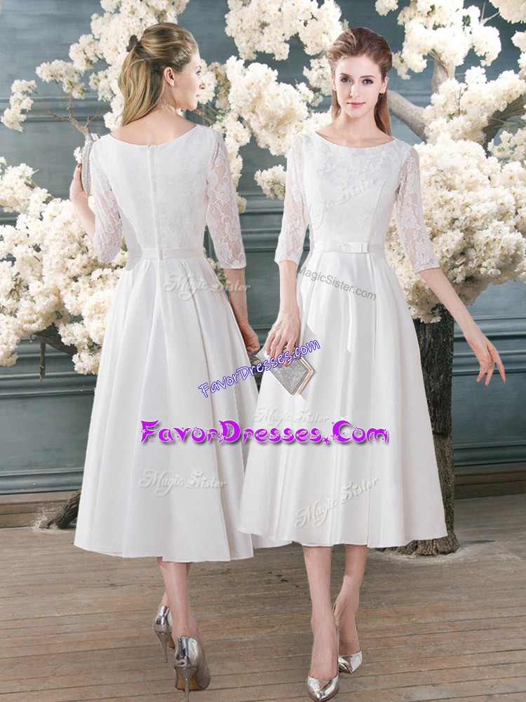  3 4 Length Sleeve Zipper Tea Length Lace Evening Dress