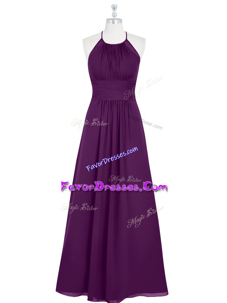  Chiffon Halter Top Sleeveless Zipper Ruching Prom Evening Gown in Eggplant Purple