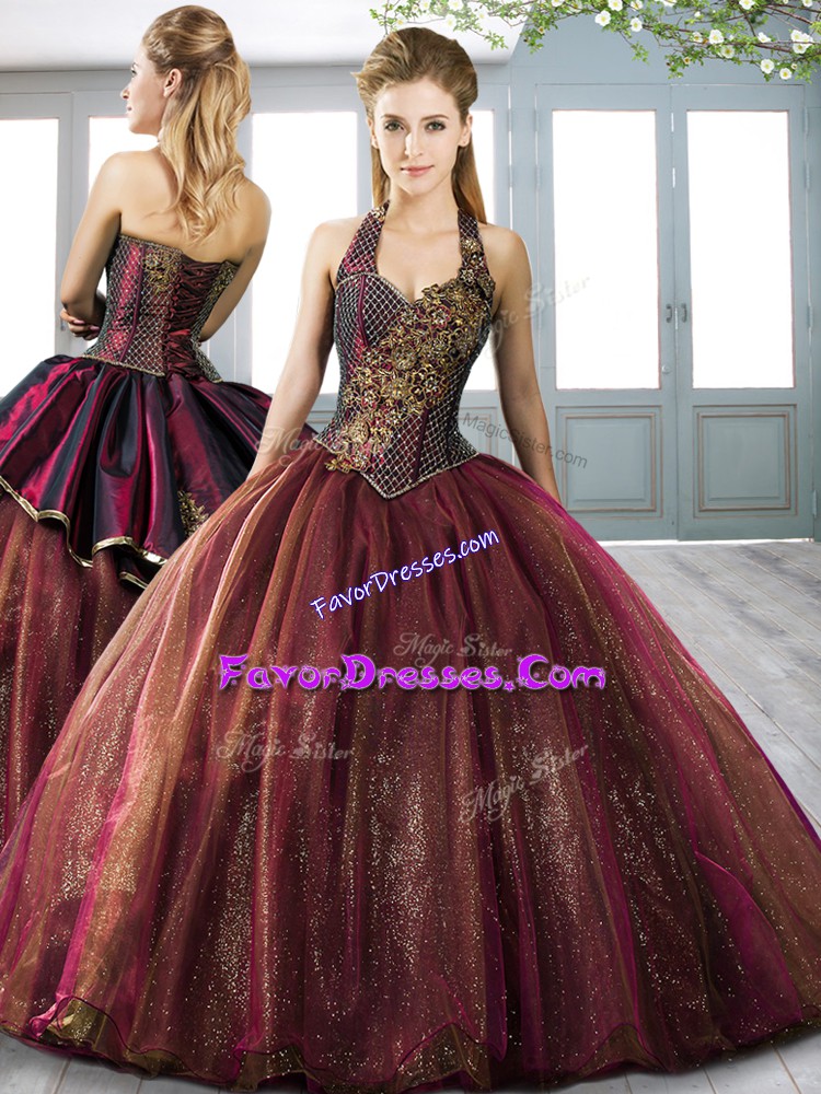 Artistic Sleeveless Tulle Floor Length Lace Up 15th Birthday Dress in Burgundy with Beading and Appliques
