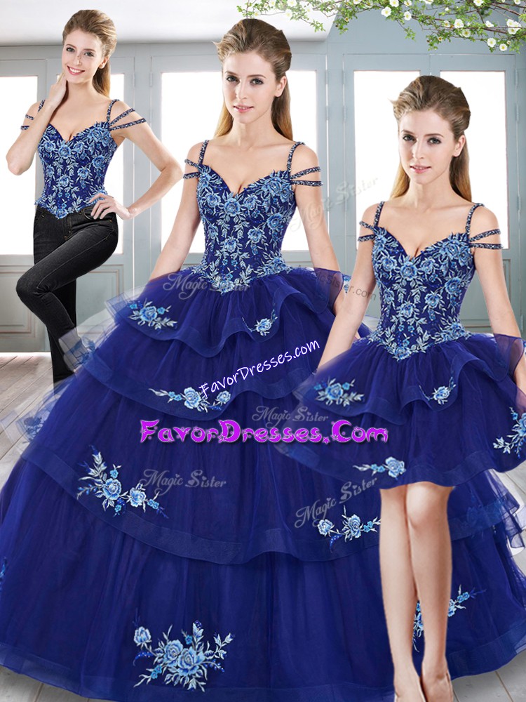 Artistic Royal Blue Spaghetti Straps Lace Up Embroidery Ball Gown Prom Dress Sleeveless