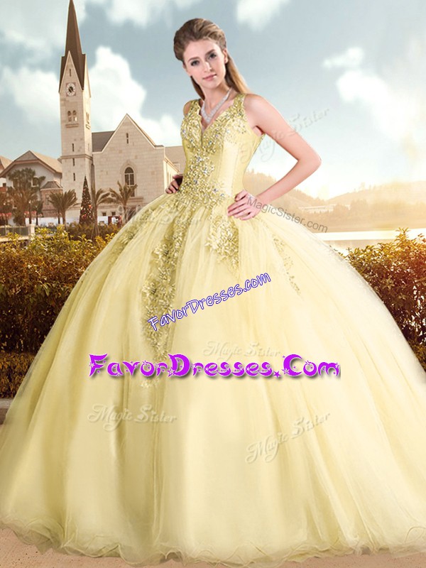  Straps Lace Up Quinceanera Dress Yellow Organza