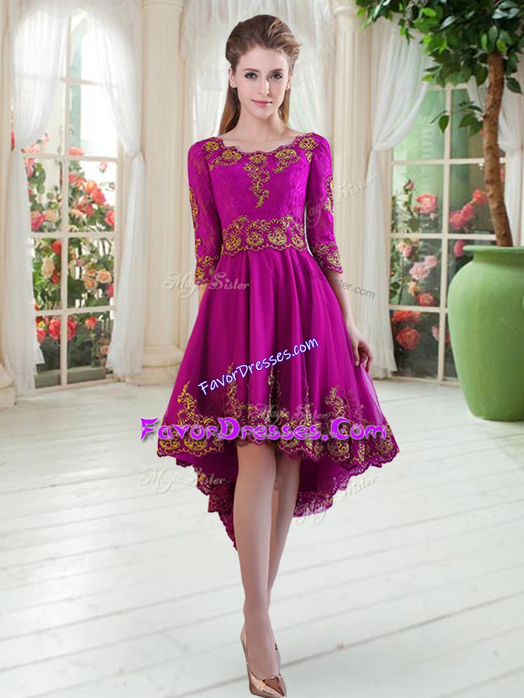New Style Purple A-line Scoop Long Sleeves Tulle High Low Lace Up Embroidery Prom Dress