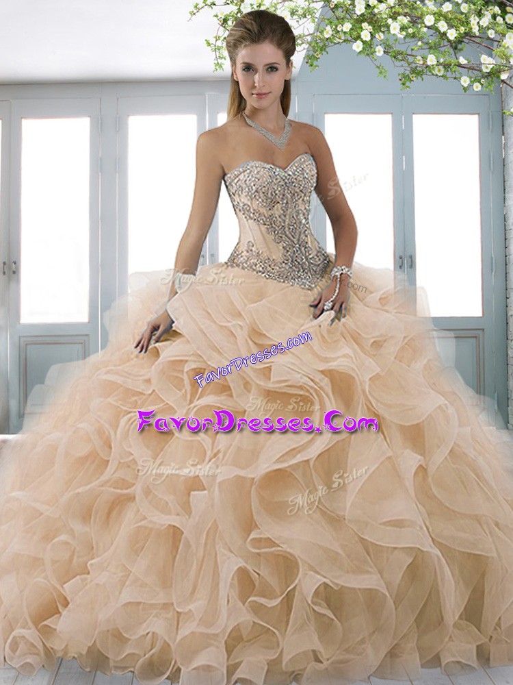  Champagne Ball Gowns Organza Sweetheart Sleeveless Beading Lace Up Quinceanera Gown Sweep Train