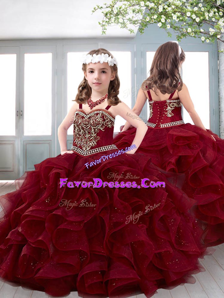  Ball Gowns Child Pageant Dress Fuchsia Straps Organza Sleeveless Floor Length Lace Up