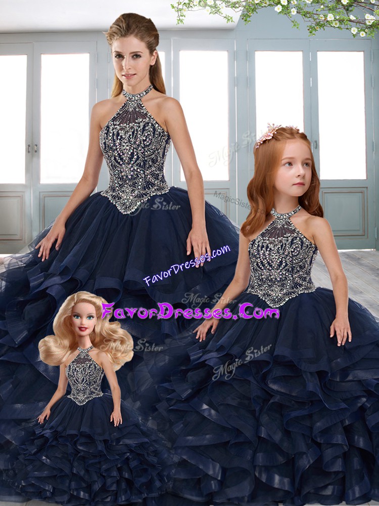  Sleeveless Floor Length Beading and Appliques Lace Up Sweet 16 Quinceanera Dress with Navy Blue