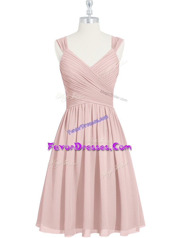  Pink A-line Chiffon Straps Sleeveless Ruching Mini Length Lace Up Prom Dress