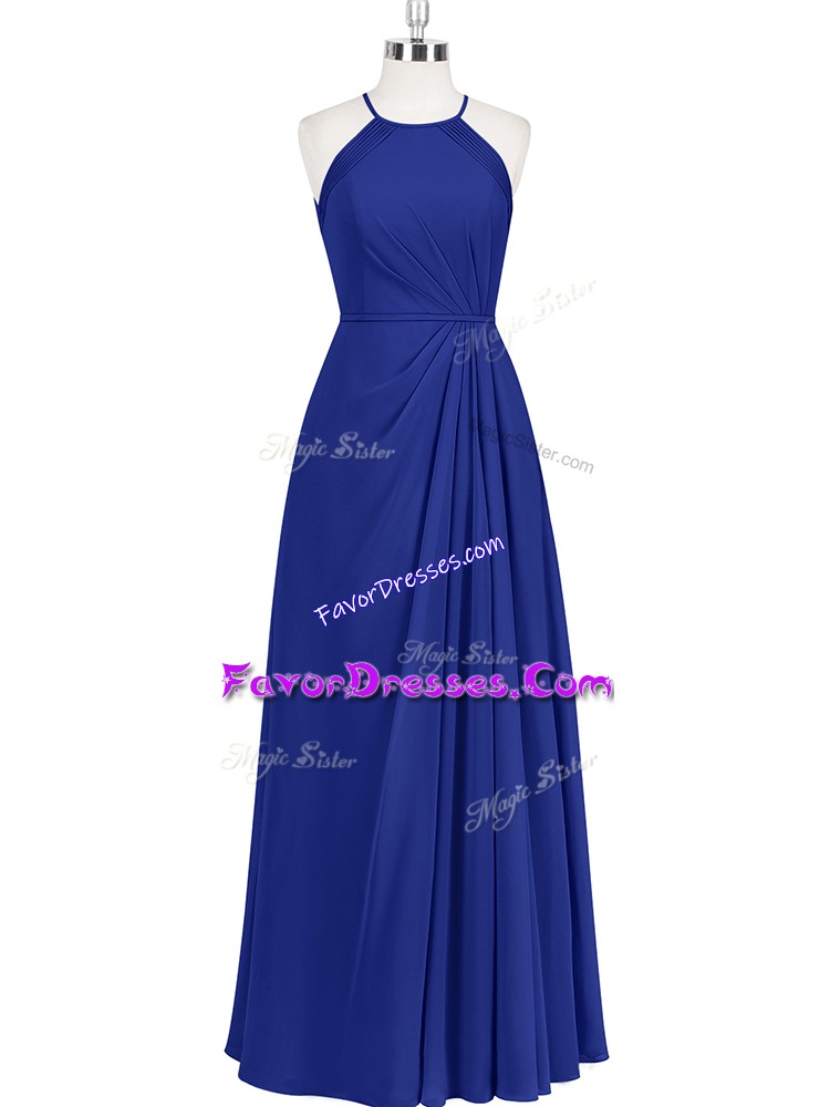 Delicate Royal Blue Column/Sheath Chiffon Halter Top Sleeveless Ruching Floor Length Zipper Prom Gown