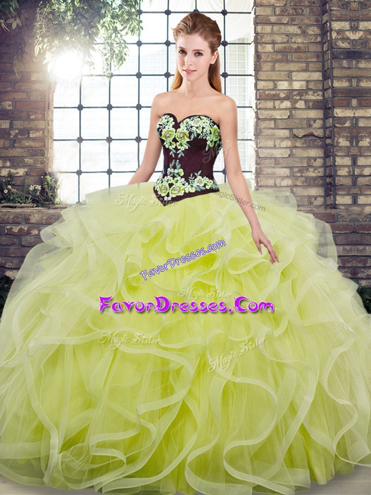  Sweetheart Sleeveless Tulle Quinceanera Gown Embroidery and Ruffles Sweep Train Lace Up
