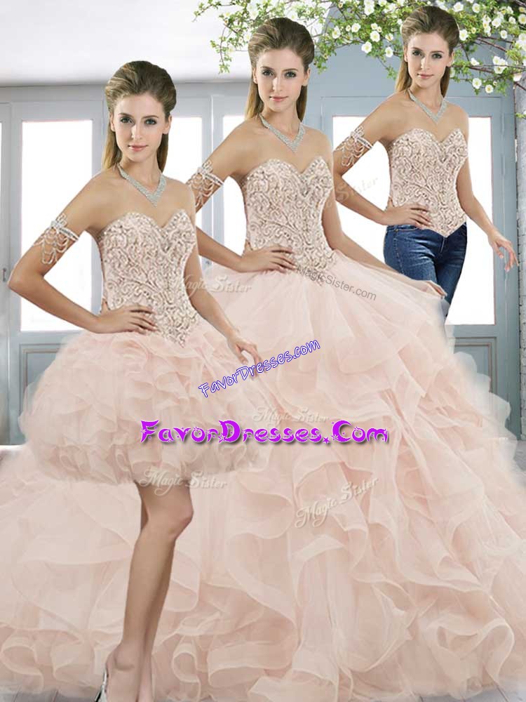  Lace Up Quinceanera Gown Baby Pink for Military Ball and Sweet 16 and Quinceanera with Beading and Ruffles Sweep Train