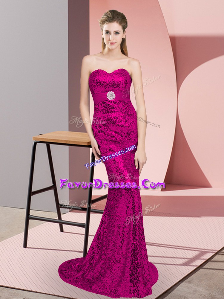Popular Lace Up Fuchsia for Prom and Party with Belt Sweep Train