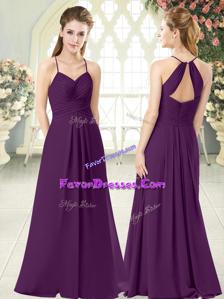  Purple Zipper Ruching Sleeveless Floor Length