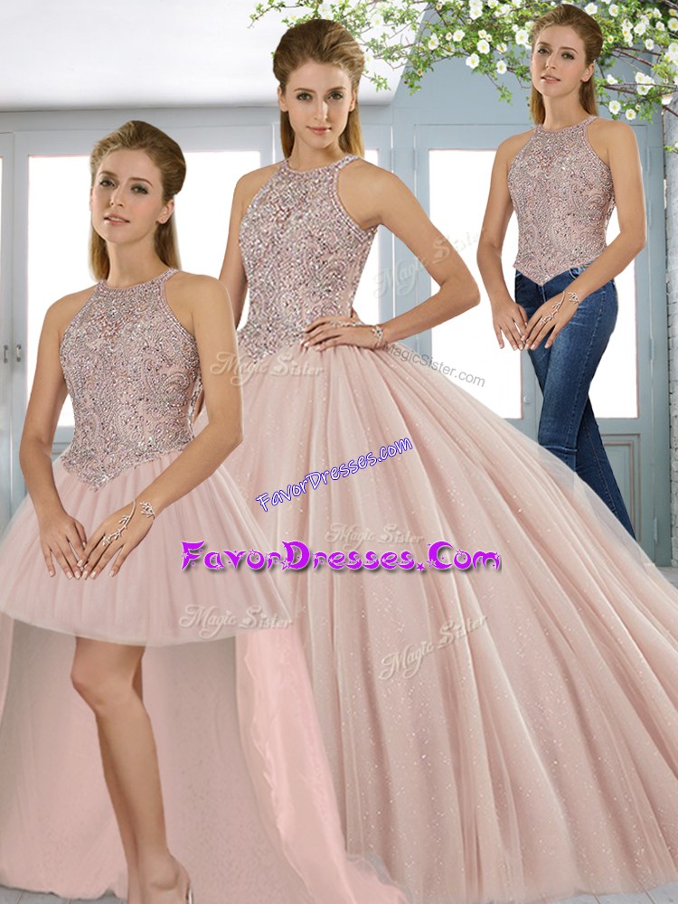 Colorful Pink Sleeveless Beading Lace Up Sweet 16 Quinceanera Dress