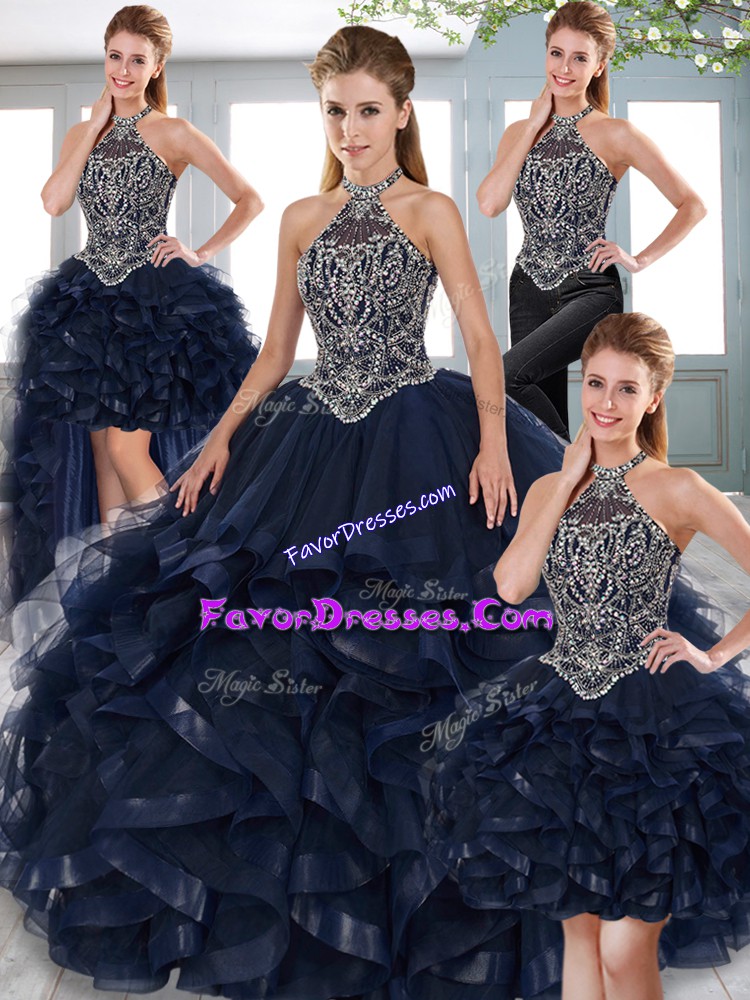 Fantastic Navy Blue Lace Up Halter Top Beading and Ruffled Layers Quinceanera Gown Tulle Sleeveless