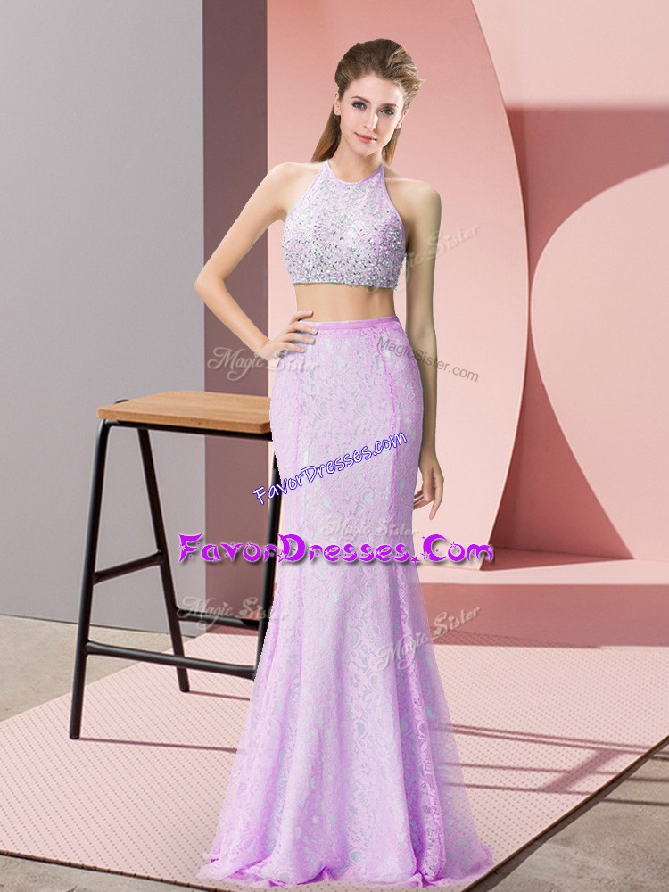 Sleeveless Backless Floor Length Beading and Lace Prom Dress