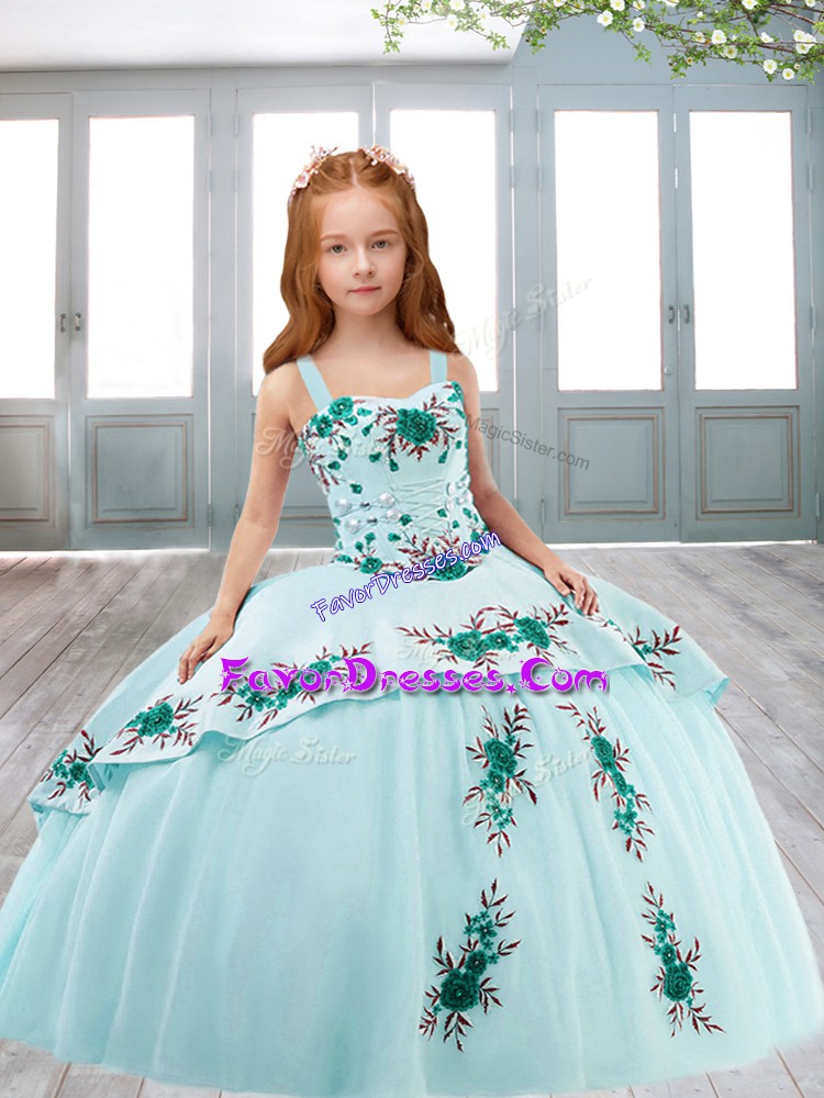  Satin and Tulle Straps Sleeveless Sweep Train Lace Up Embroidery Girls Pageant Dresses in Light Blue