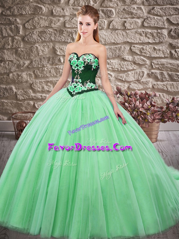  Sleeveless Sweep Train Lace Up Embroidery Vestidos de Quinceanera