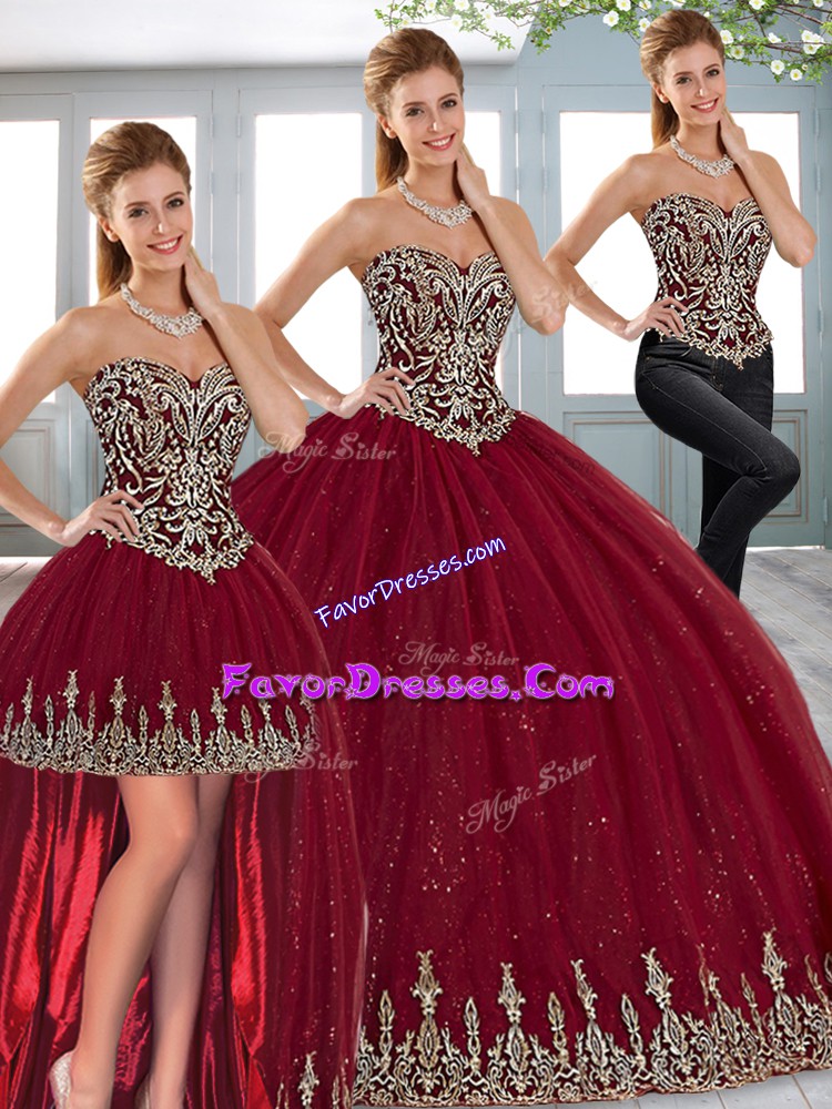  Floor Length Wine Red 15 Quinceanera Dress Tulle Sleeveless Beading and Appliques