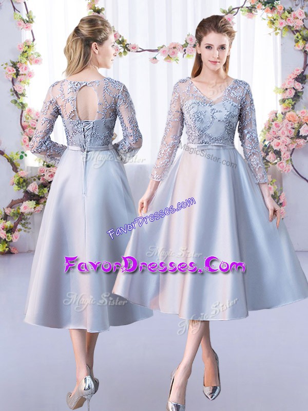Pretty Tea Length Silver Bridesmaid Dress Satin 3 4 Length Sleeve Lace