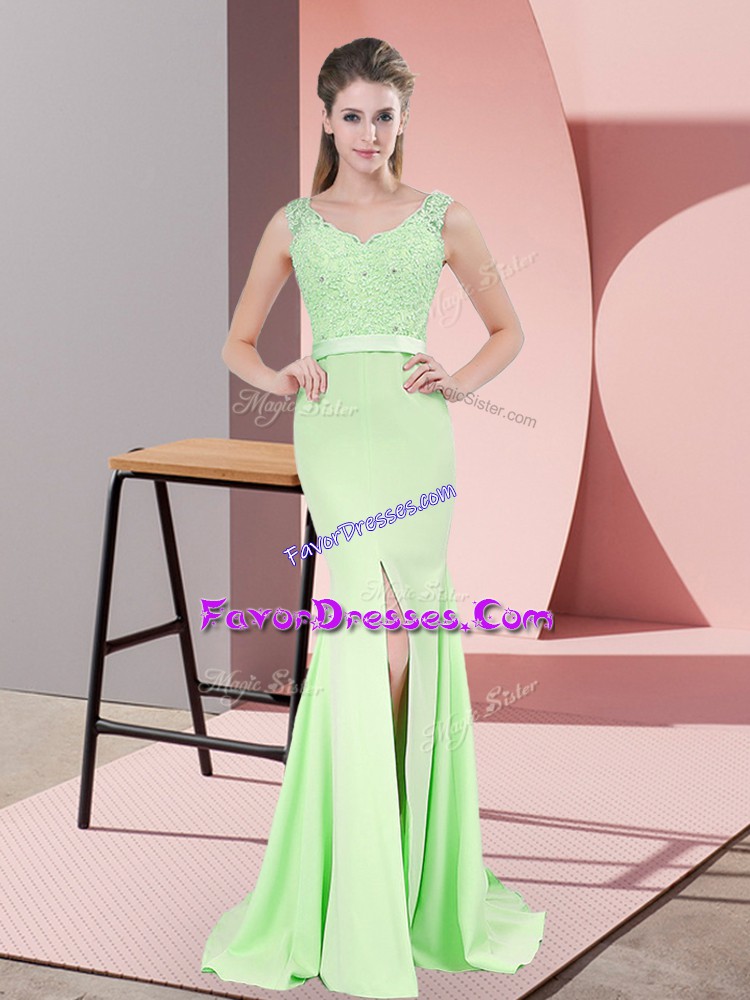 Fantastic Apple Green Mermaid V-neck Sleeveless Chiffon Sweep Train Zipper Beading and Lace Prom Party Dress