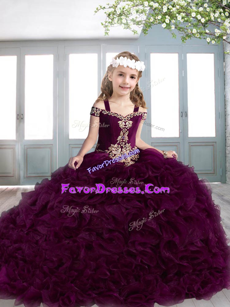  Lace Up Little Girl Pageant Gowns Burgundy for Party and Wedding Party with Beading and Appliques Sweep Train