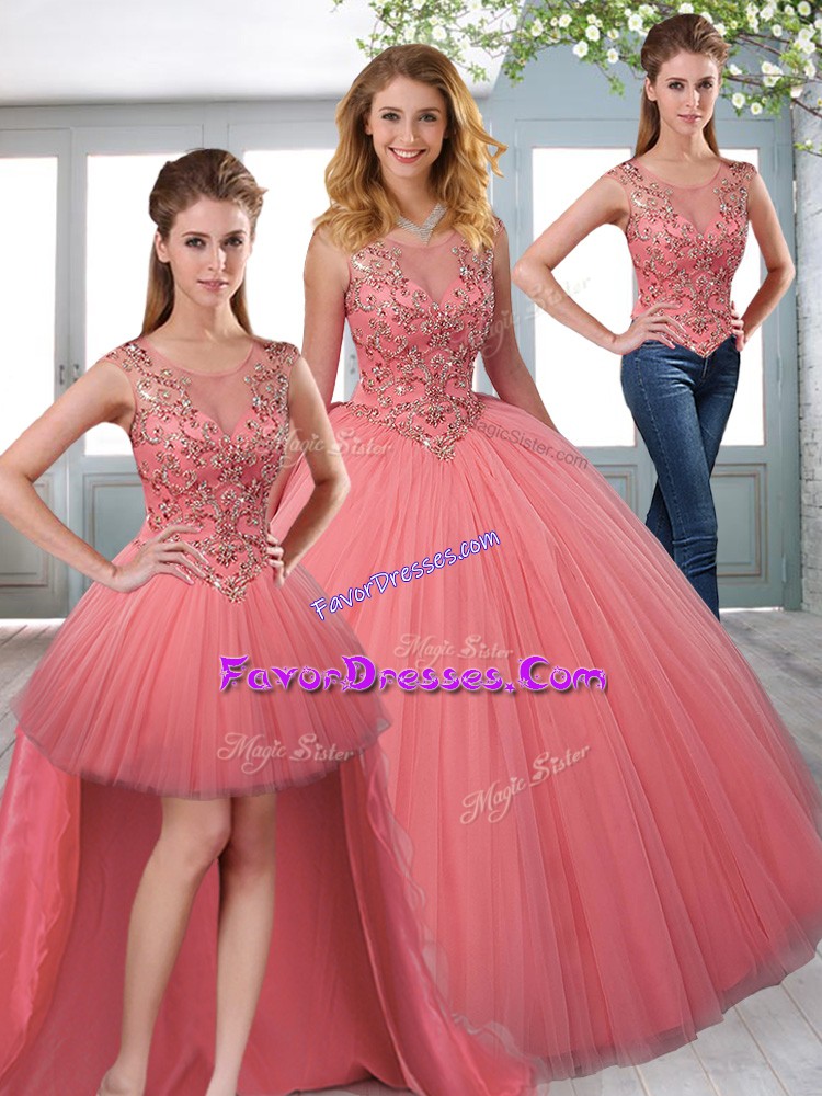 Cute Pink Sweet 16 Dress Military Ball and Sweet 16 and Quinceanera with Beading Scoop Sleeveless Zipper