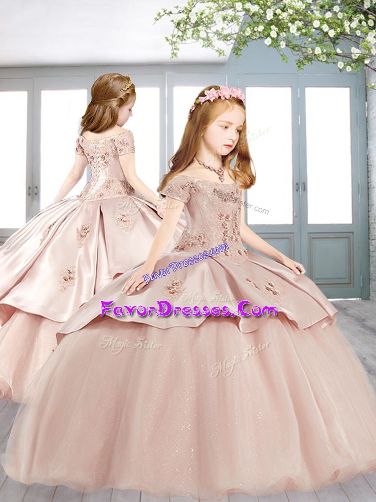  Pink Short Sleeves Appliques Floor Length Little Girl Pageant Gowns