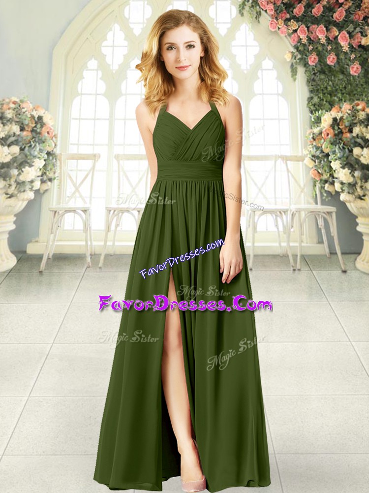 Glamorous Olive Green Sleeveless Floor Length Ruching Zipper Prom Party Dress
