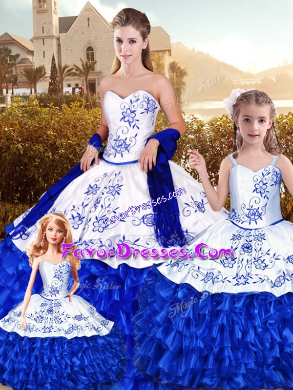  Floor Length Ball Gowns Sleeveless Blue And White Quinceanera Dresses Lace Up
