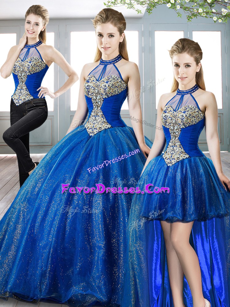 Popular Royal Blue Lace Up Sweet 16 Dress Beading Sleeveless Floor Length