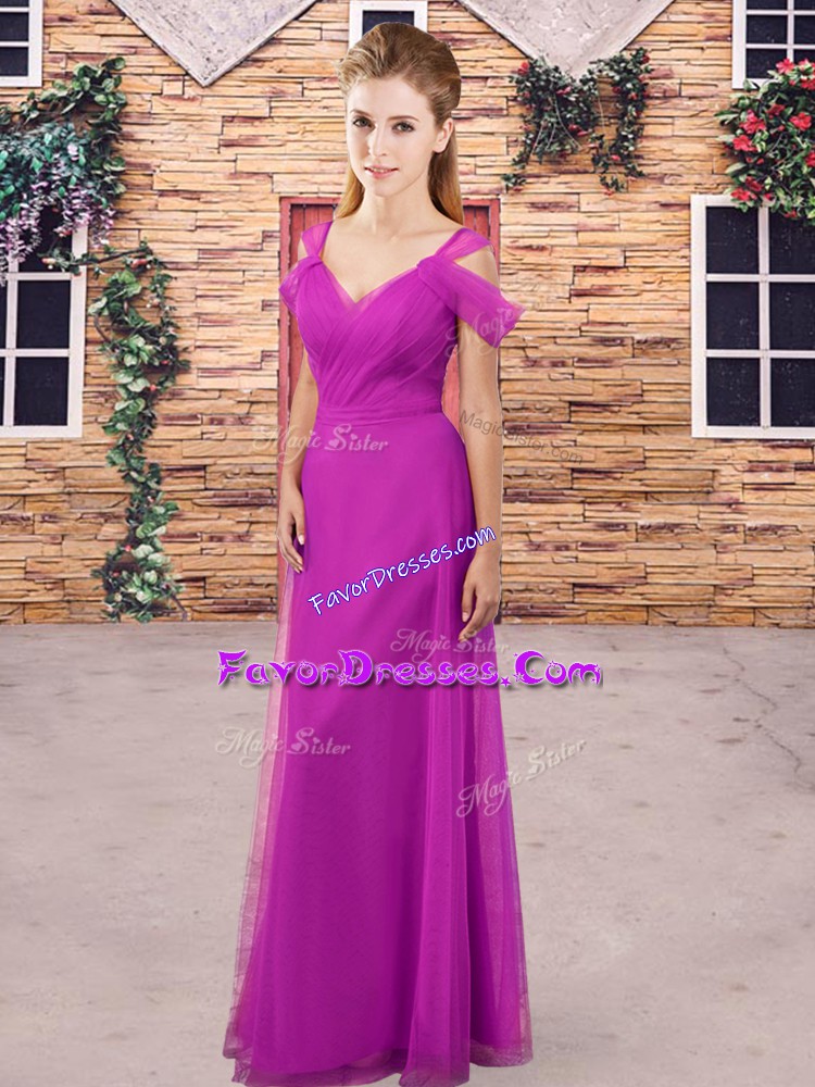 Best Purple Backless Straps Ruching Dama Dress for Quinceanera Tulle Sweep Train