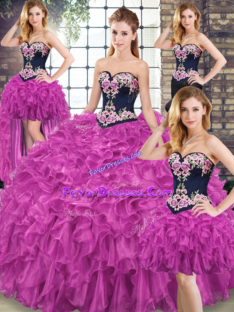 Fantastic Sweetheart Sleeveless Organza 15th Birthday Dress Embroidery and Ruffles Sweep Train Lace Up
