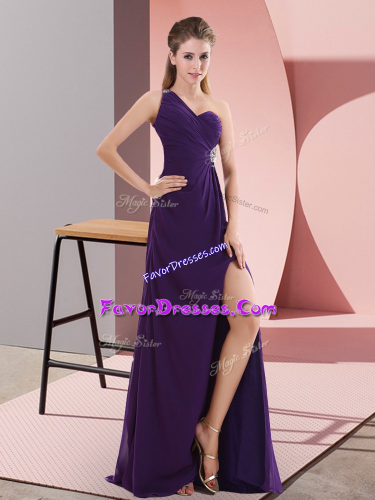 Flare One Shoulder Sleeveless Prom Evening Gown Sweep Train Beading and Ruching Purple Chiffon