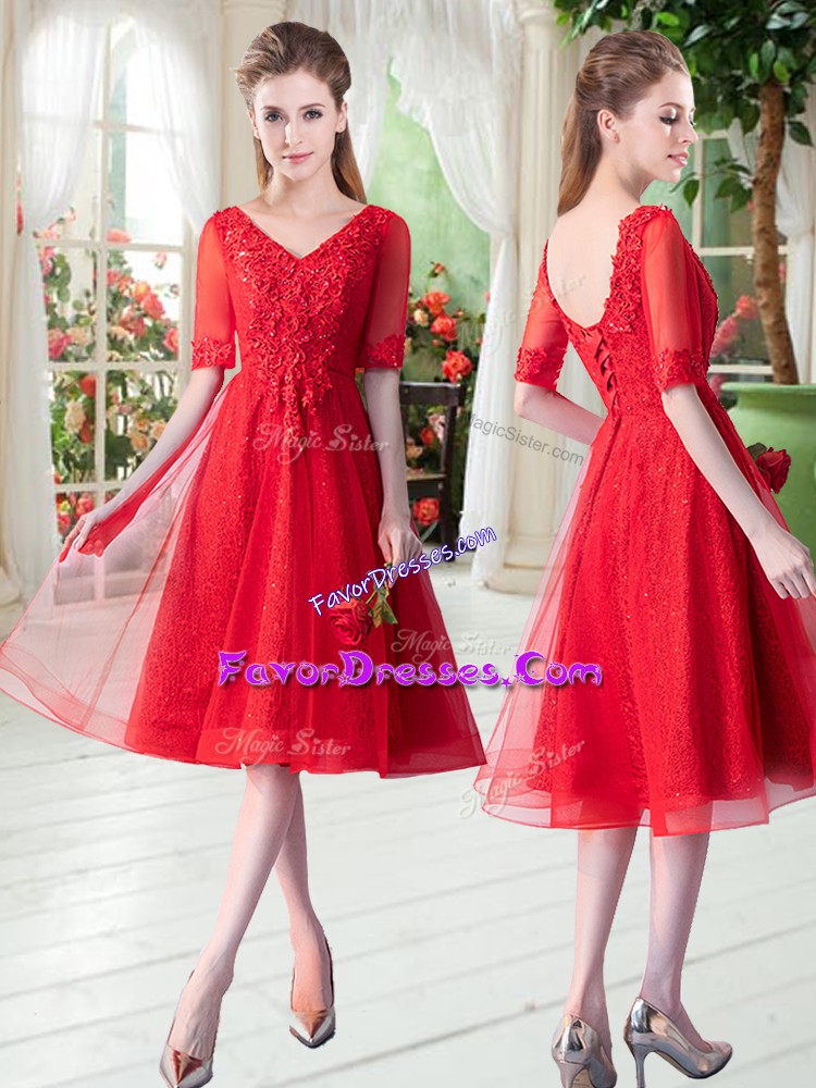 Cheap Tulle V-neck Half Sleeves Lace Up Beading and Appliques Prom Evening Gown in Red