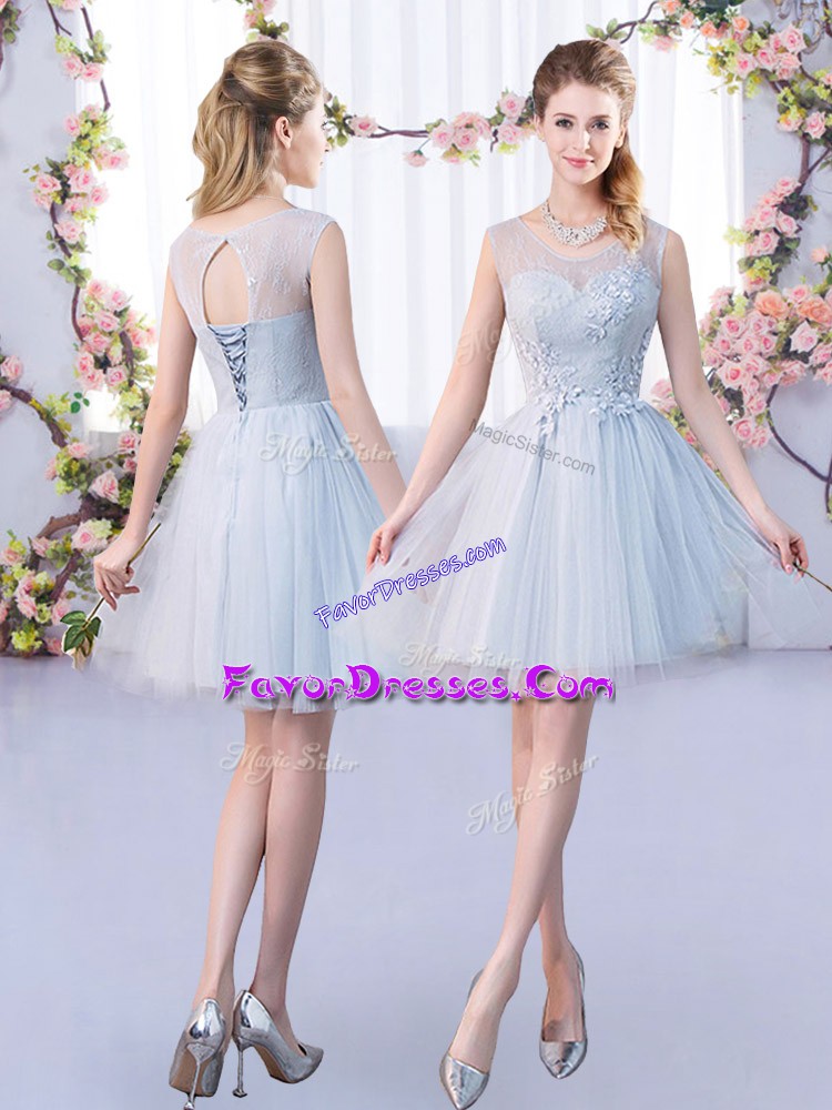 Customized Grey Sleeveless Tulle Lace Up Damas Dress for Prom and Party and Wedding Party