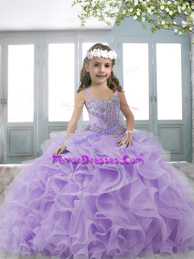 New Style Lavender Ball Gowns Straps Sleeveless Organza Floor Length Lace Up Beading Kids Formal Wear