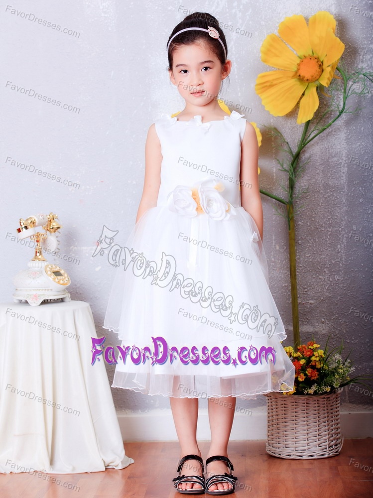 White Scoop Tea-length Organza Flower Girl Dress with Hand Flowers
