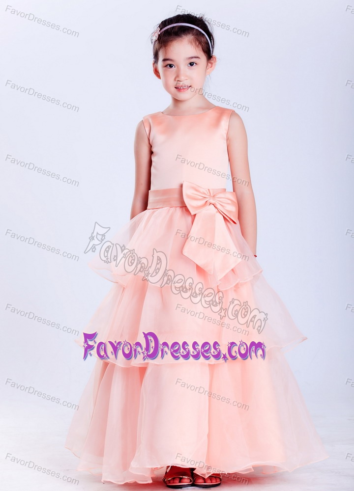 Watermelon Red Scoop Taffeta and Organza Flower Girl Dress with Bowknot