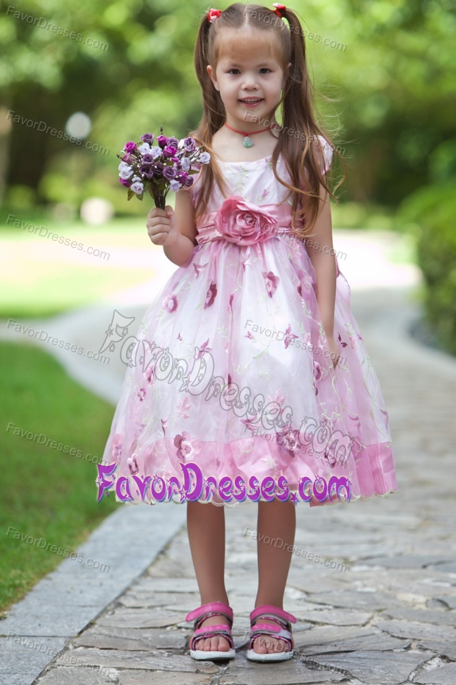 White and Pink Scoop Tea-length Flower Girl Dress in Taffeta and Organza