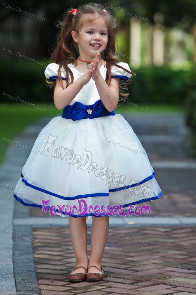 White and Blue Ball Gown Child Dresses with Bow in Taffeta and Organza