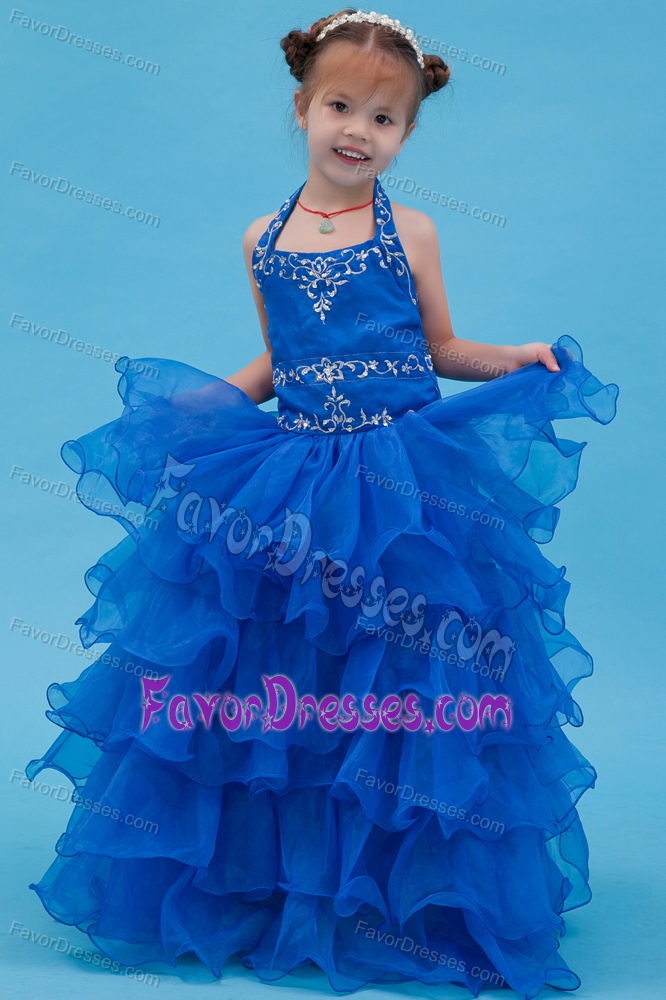 Ball Gown Halter Appliqued Organza Dresses for Flower Girls in Blue