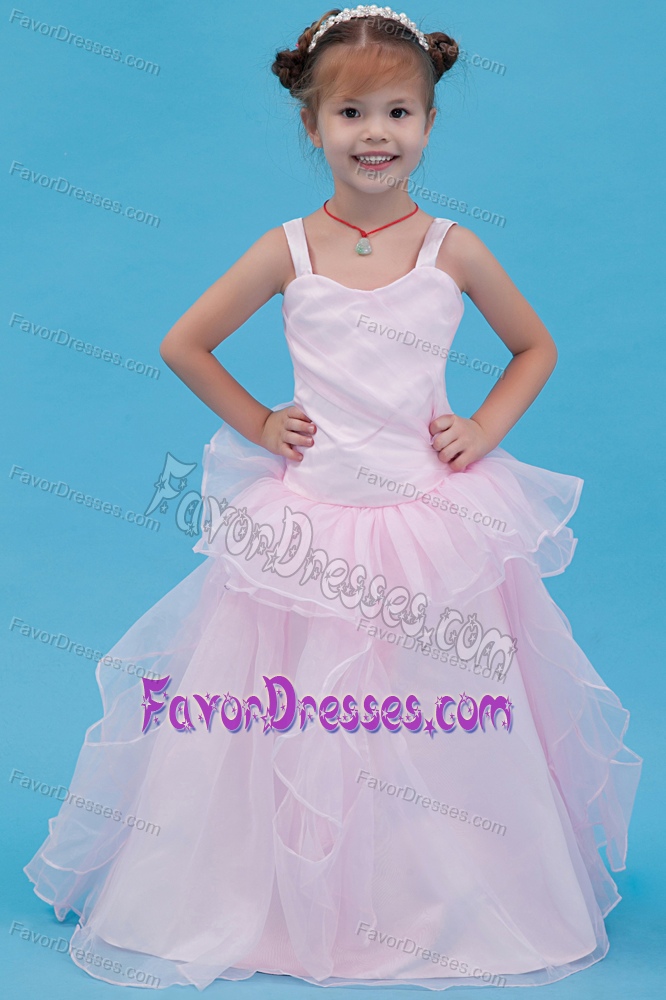 Baby Pink Straps Long Dresses for Little Girls in Organza